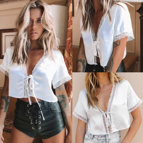 Women Loose Crop Tops Shirt Thin Cardigan Lace Silk Satin Short Sleeve V-nevk Outwear for Female Tee Tops Streetwear