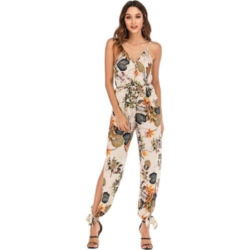 Summer Boho Sexy Side Slit Strappy Jumpsuits For Women 2021 Casual Lace Up Backless Rompers Plus Size 5XL Womens Clothes