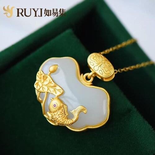 Natural Hetian Jade Carp Lotus Jade Pendant Female Jade Accessories Sweater Year Fish Hetian Jade Silver Necklace Female