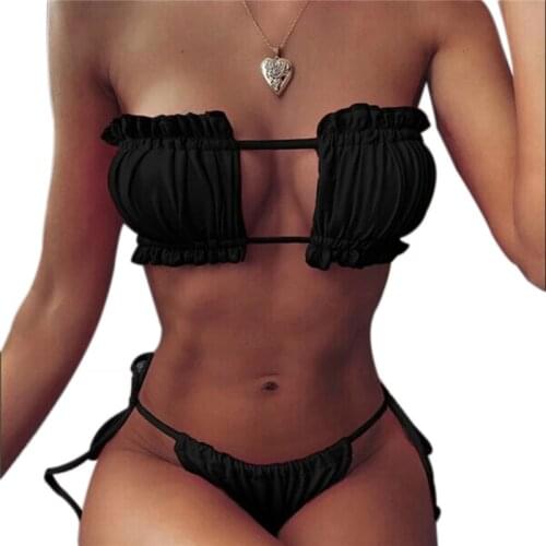 Women 2pcs Sexy Bikini Set Wire-Free Hollow Chest Bra Triangle Straps Panty Swimming Suit Swimsuit Bathing Suit