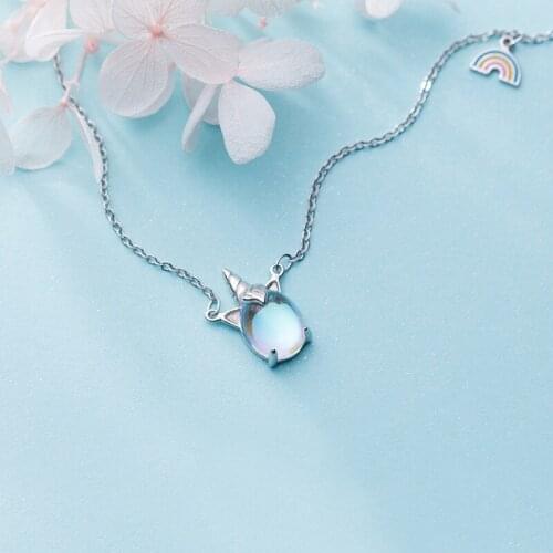 MloveAcc 100% 925 Solid Real Sterling Silver Rainbow Crystal Unicorn Pendant Short Necklaces for Girl Women Silver Jewelry