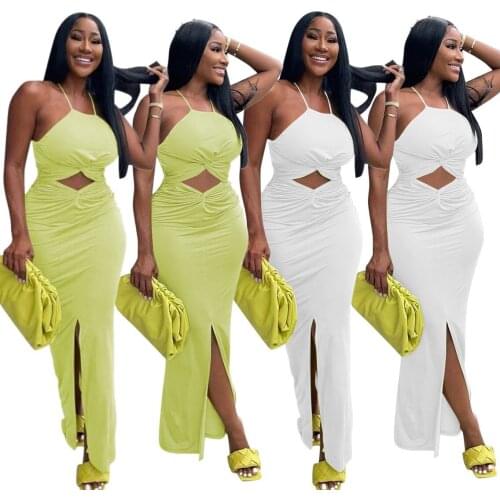 European and American womens fashion and leisure summer suspender solid color hollow out split dress