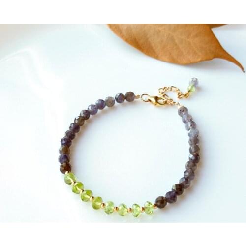 Lii Ji Genuine Natural Blue Iolite Peridot Bracelet US 9K GF Delicate Bracelet 17.5-19.5cm For Women Girl Children Jewelry