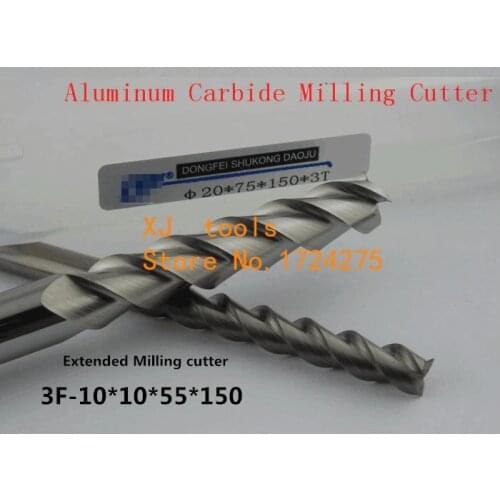 Free Shipping 10.0mm Long End Mill 10*10*55*150L 3 Flutes Aluminum Carbide End mills,Carbide CNC End mill Router Bits,lathe tool