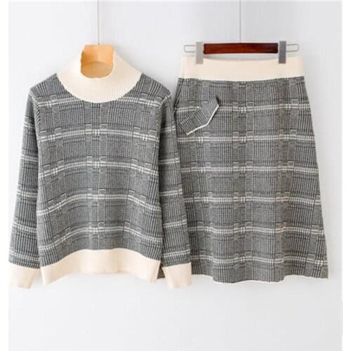 Plaid suit female Autumn Sweater suit skirt womens New sweater + skirt two-piece suit female