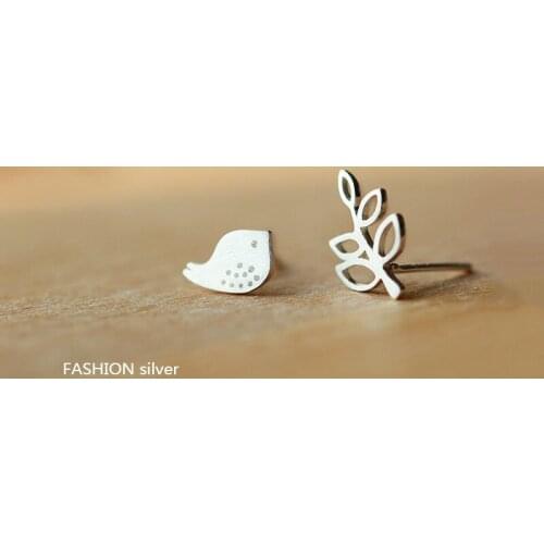 HOT ! Real 925 Sterling Silver Jewelry For Women Cute Animal Bird Leaves Earring Stud Small Stud Earring For Girls Wholesale