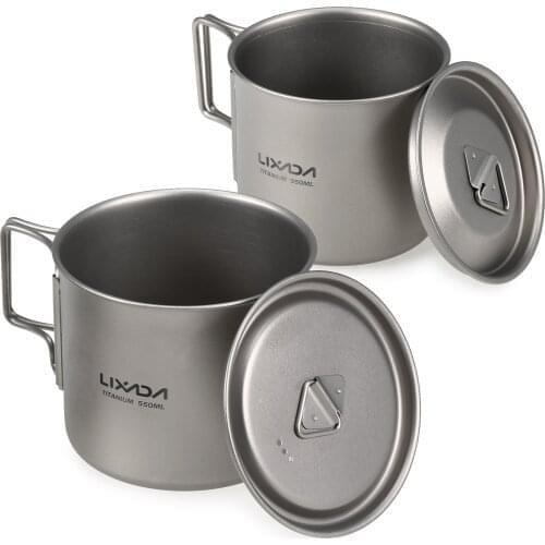 Lixada 2PCS 550ml 350ml Titanium Cup Set Camping Ultralight Cup w/Foldable Handle Portable Outdoor Picnic Camping Water Cup Mug