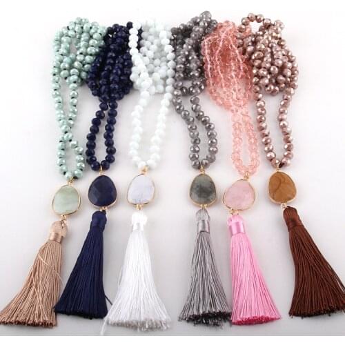 Fashion Bohemian Tribal Jewelry Glass Crystal Knotted Stone Link Long Tassel Necklaces Women Necklace Dropship