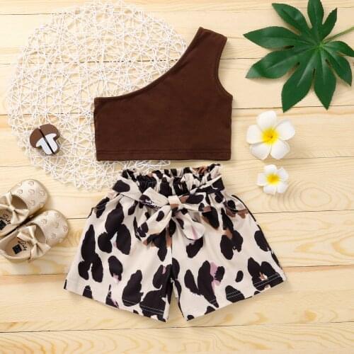 Toddler Baby Girl Fashion Skirt Suits Infant Casual Oblique Shoulder Tops T-Shirt Leopard Print Shorts Outfits Clothes Kids Set