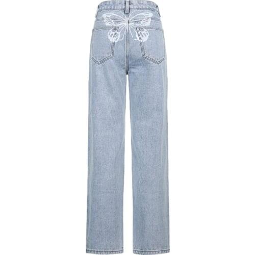 Fashion Hot Sale Womens Jeans Butterfly Print High Waist Denim Pants Ladies Loose Harajuku Straight Pants Street Pantalon Femme