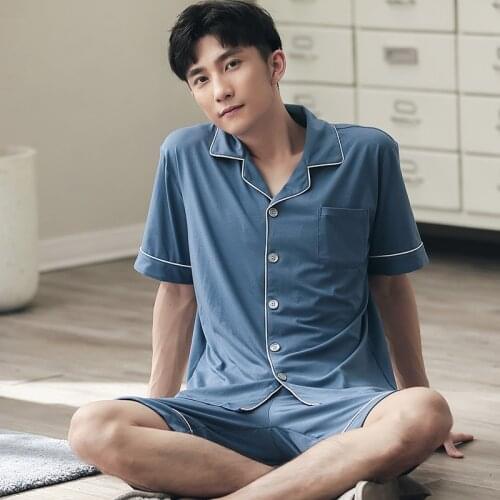 Men Pajama Set Solid Blue Lounge Sleepwear for Gentleman Pyjamas Home Clothes 2PCS Pejama Short Sleeve Leisure Wear Pijamas Sets