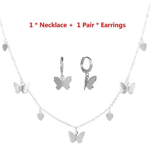 Butterfly Heart Start Necklace Earrings Set For Women Girls Adjustable Chain Necklace Dangle Earrings Butterfly Fashion Jewelry