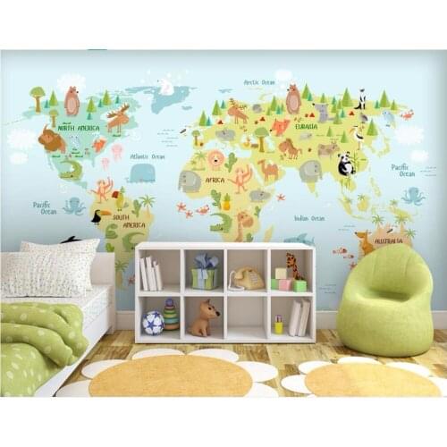 WDBH custom photo mural 3d wallpaper Cartoon animal world map childrens room home decor 3d wall murals wallpaper for wall 3 d