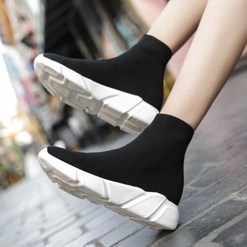 Brand Unisex Socks Shoes Breathable High-top Women Shoes Flats Fashion Sneakers Stretch Fabric Casual Slip-On Ladies Shoes