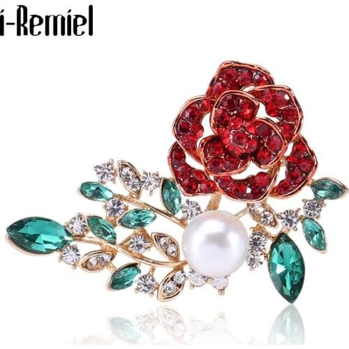 New Red Rose Flower Crystal Brooches Pearl Rhinestones Lapel Pin Brooch Jewelry Luxury Wedding Bridal Clothing Accessories