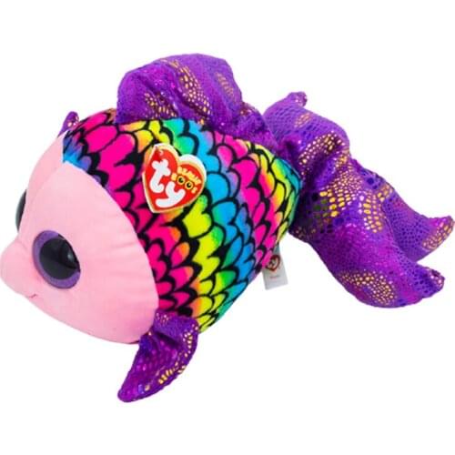New 15cm Ty Big Eyes Beanie Plush Animal Doll Kawaii Colorful Pattern Purple Tail Fish Decorative Toys Child Christmas Gifts