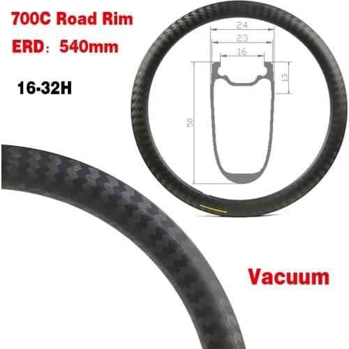 700C Carbon Rim 16-32 Holes Vacuum Clincher Road Bike Rim Disc brake /V brake ERD 540MM Wear Resistance Carbon / Basalt Road Rim
