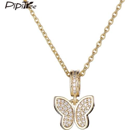 Pipitree Elegant AAA CZ Zircon Butterfly Necklace for Women Lady Copper White Gold Color Chain Necklace Pendant Luxury Jewelry