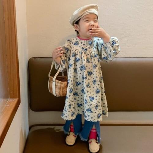 2021 Autumn New Arrival Girls Long Sleeve Floral Dress Kids Korean Design Dresses Girls Clothes