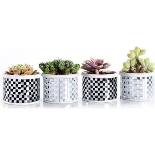Modern Mosaic Glass Checkered Pattern Cement Succulent Cactus Planter,Pretty Plants/Flower Pot Tiny Flower Plant Containers