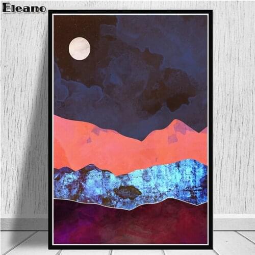 Purple and Pink Abstract Art Poster Mountain and Sun Gold Leaf Canvas Print HD Living Room Wall Art Home Decor Modern Painting