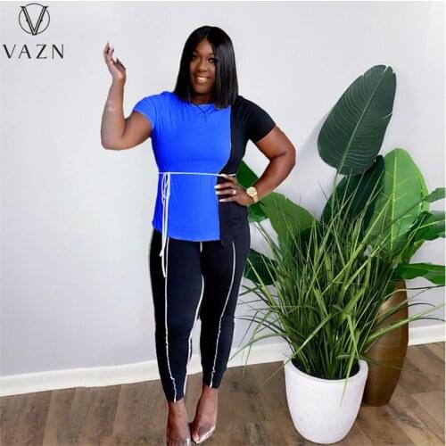 VAZN 2021 New Sport Patchwork Sexy Club Bandage Short Sleeve Top High Waist Long Pants Skinny Women 2 Piece Set