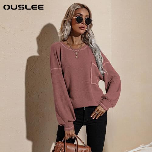 OUSLEE Women Hoodies Tops Autumn Solid Color Hoodie Casual O-Neck Minimalist Loose Bat Long Sleeved Vacation Loose Tops