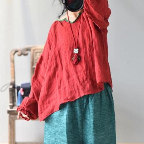 Johnature Blouse Lantern Sleeve Vintage Shirt Women Clothes 2021 New Spring V-neck Linen Loose Leisure Concise Ladies Tops