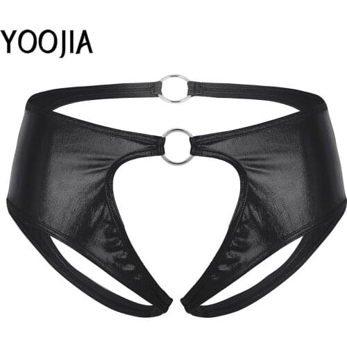 Womens Briefs Underwear Lingerie Leather Crotchless Jockstrap Low Rise Briefs Underwear Panties With Metal O-ring Underwear