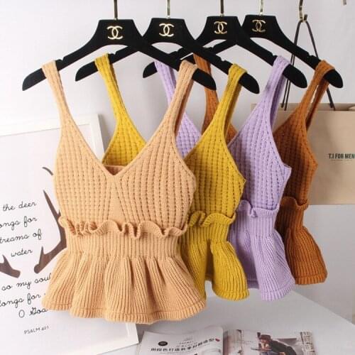 Women Cute Short Design Spaghetti Strap Knitted Cotton Top Street Chic Casual Knitted Sweater Top