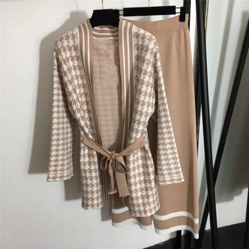 Amolapha Women Winter Plaids Belt Coats + Wide Leg Pants Knitting Two Pieces Set Suit