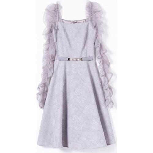 Luxury Dress 2021 Autumn Winter Style Women Square Collar Sexy Tulle Mesh Patchwork Vintage Jacquard Print Dress Purple Color