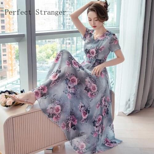 High Quality 2021 Summer Dress For Women V Collar Floral Printed Short Sleeve Women Chiffon Long Dress
