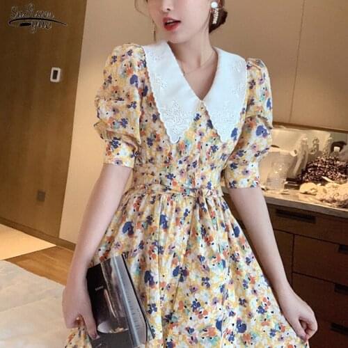 Korean Chic Vintage Print Floral Dress Summer 2021 High Waist Chiffon Dress Vestido Turn Down Collar Elegant Party Dresses 15151