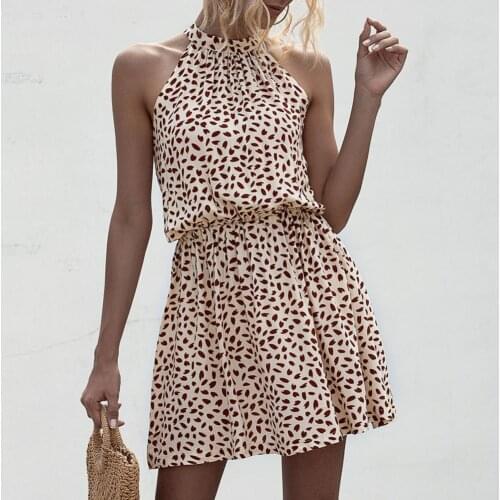 Fashion Summer Women Vintage Ruffled Floral Elastic Waist Dress Halter Loose Ladies Sleeveless Pleated Daily Party Streetwear