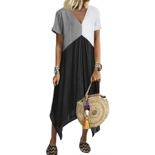50% Hot Sales Casual Women Short Sleeve V Neck Geometric Patchwork Irregular Hem Midi Dress
