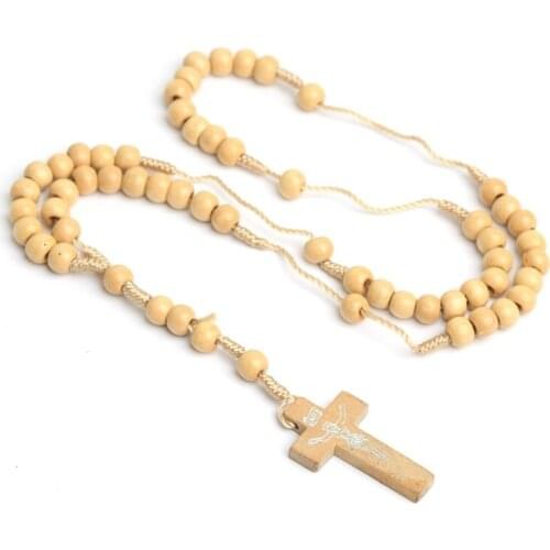 94PF Natural Pine Wood Grain Beads Jesus Cross Rosary Necklace Carved Rosary Pendant