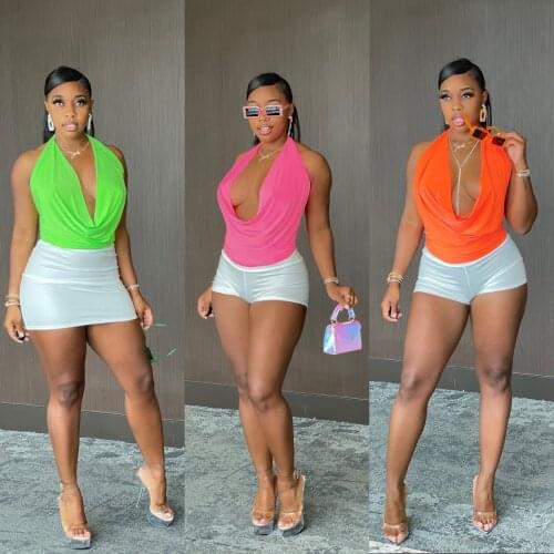 BKLD Fashion Neon Clothes Summer Women Halter Neck Backless Sleeveless Sexy Draped Solid Tank Tops Fluorescent Green Pink Orange