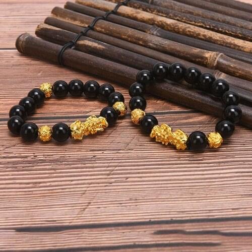 Feng Shui Obsidian Stone Beads Bracelet Men Women Unisex Wristband Gold Black Pixiu Wealth and Good Luck Women Bracelet