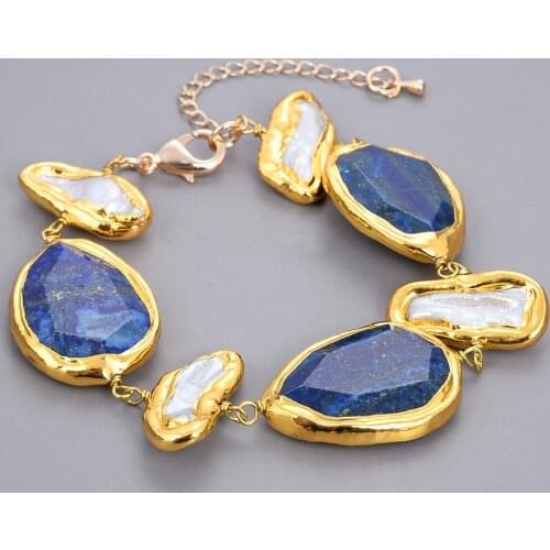 Natural Stone Natural Blue Lapis Bezel Set White Biwa Pearl Gold Color Plated Bracelet 8
