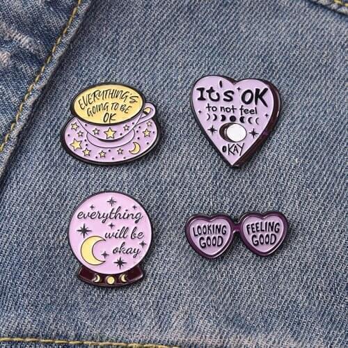 Purple Heart Moon Phase Pink Enamel Pins Motivational Quote Brooch for Women Backpacks Clothes Lapel Pin Badge Jewelry Wholesale
