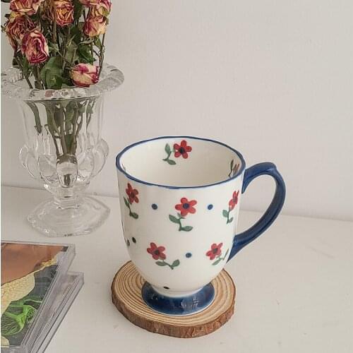Cutelife Ins Nordic Flower White Ceramic Coffee Mug Vintage Kitchen Breakfast Milk Tea Cup Cute Couple Gifts Handle Drinking Mug