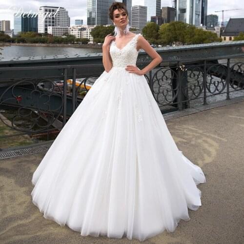 Detmgel Sexy V-Neck Backless Tulle A-Line Wedding Dresses 2020 Gorgeous Appliques Princess Bridal Gown Customized Wedding Gown
