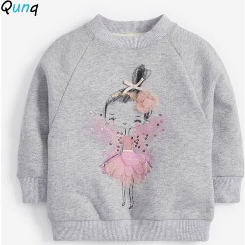 Qunq Gray Sweatshirts for Girl Thin Velvet Fall Winter Toddler Children Tops Clothing Long Sleeve O-neck Kids Shirts