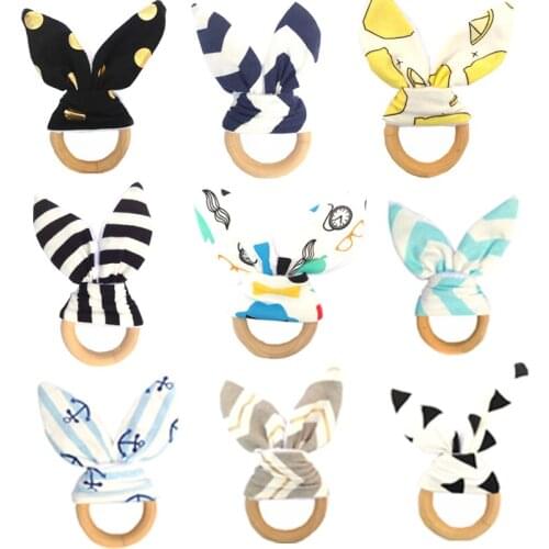 Baby Rabbit Ear Teether Natural Wood Circle Cartoon Rabbit Ear Training Nursing Teething Ring Newborn Shower Accessories Gift