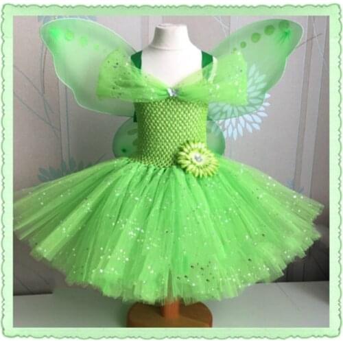 Girls Green Butterfly Flower Fairy Tutu Dress Kids Crochet Glitter Tulle Dress Ball Gown with Wing Children Party Costume Dress