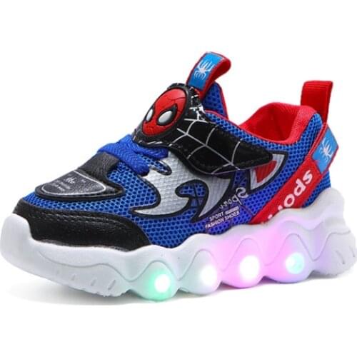 Disney New Net Fabric Childrens LED Shoes Spiderman Sports Shoes For Boys Light Breathable Leisure Flat Shoes Student Shoes