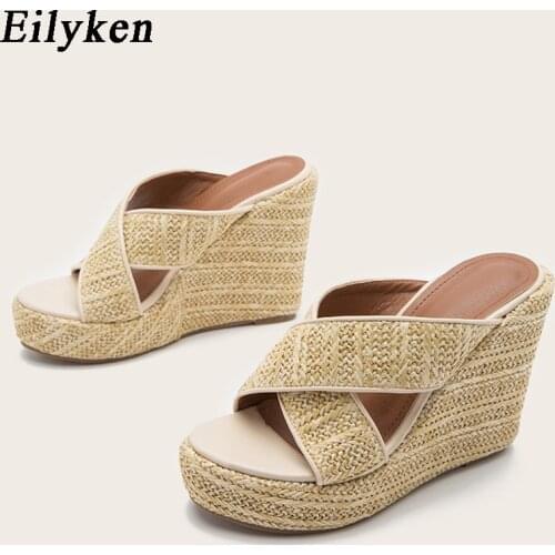 Eilyken Summer Fashion Platform Sandals Thick Bottom Weave Sexy Open Toes Wedges Yellow Ladies Party High Heels Slippers