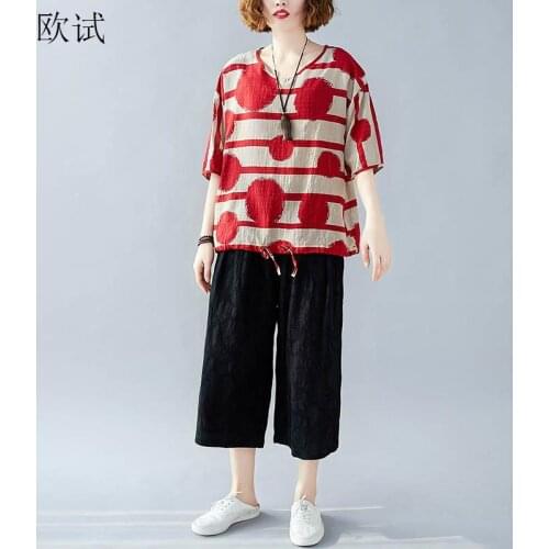 Plus Size Striped Polka Dot T Shirt Summer Vogue Tshirt Women 2020 Tshirts Cotton Linen T-Shirt Casial Loose Tee Shirt Femme Top