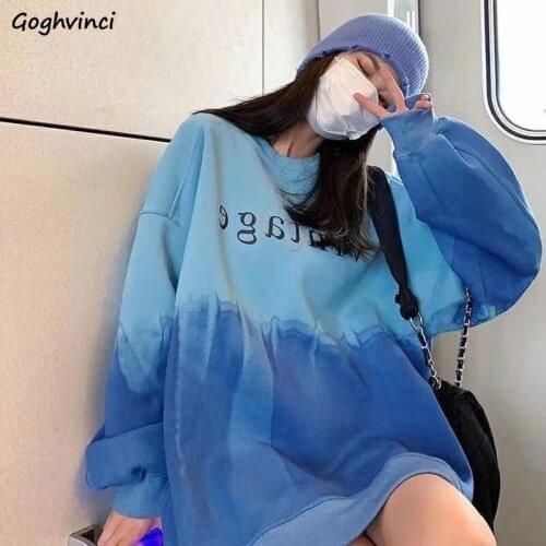 No Hat Hoodies Women Letter Printed O-neck Oversize M-4XL Gradient Color Colorful Korean Style Loose Vintage Hoodie High Street